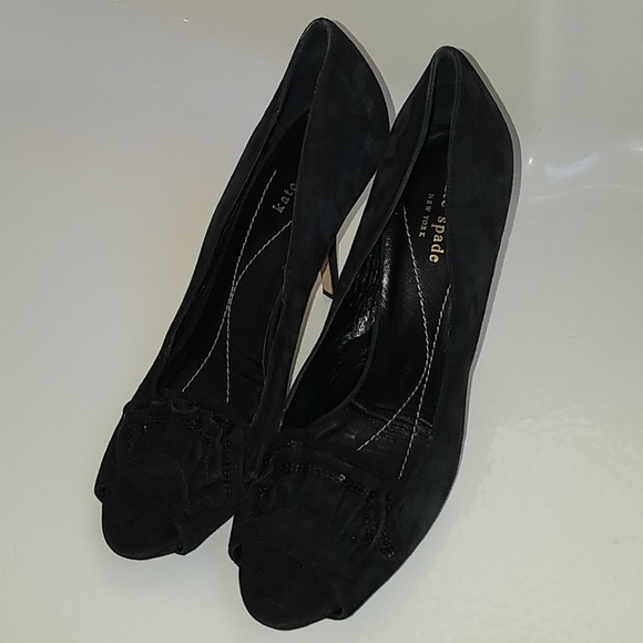Kate Spade black suede peep toe heels - Picture 2 of 7